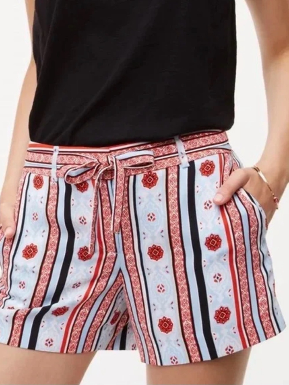 Ann Taylor Loft Woman’s Striped Floral Tie-Waist Shorts, Size 14, NWOT